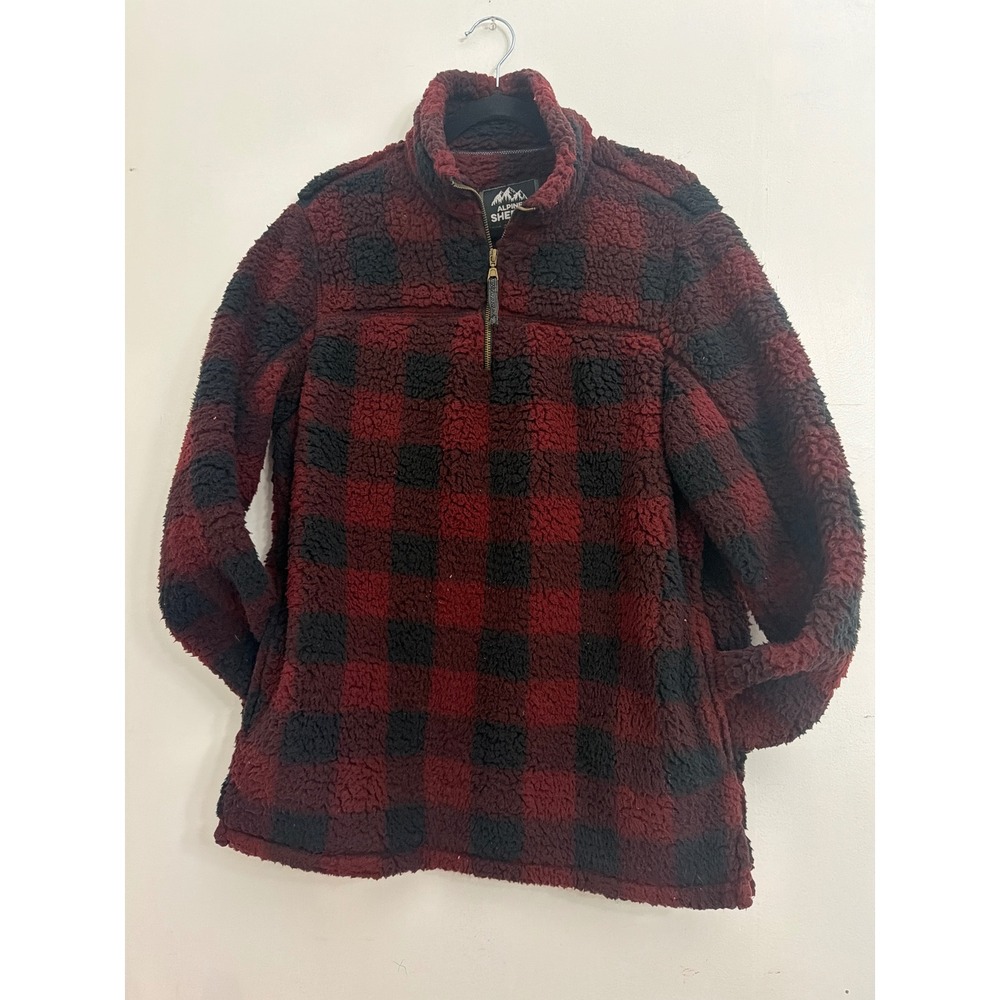 Alpine Sherpa Womens Gingham Buffalo Plaid Quarter Zip Fleece Jacket Red Black L